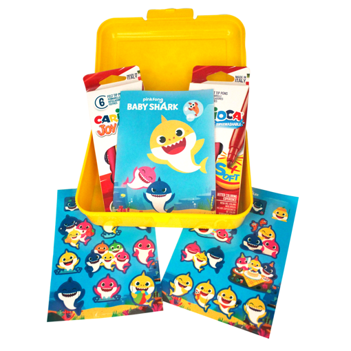 Immagine di Portamerenda, 12 pennarelli Carioca, sticker adesivi, libro da colorare, set bambini Baby Shark