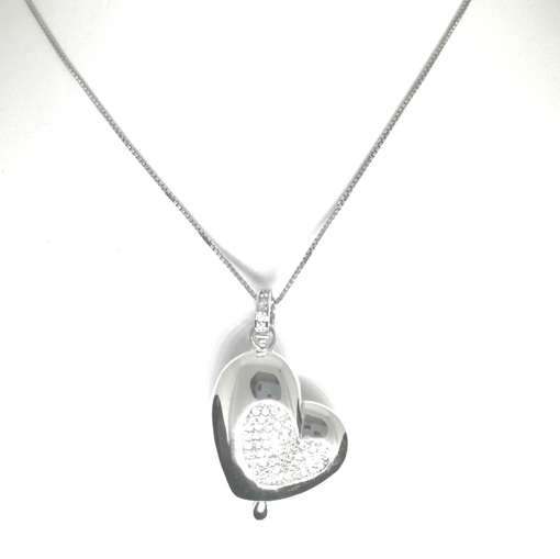Immagine di Collana cuore, donna, argento, campanellino, zirconi bianchi, filo in argento bianco, elegante