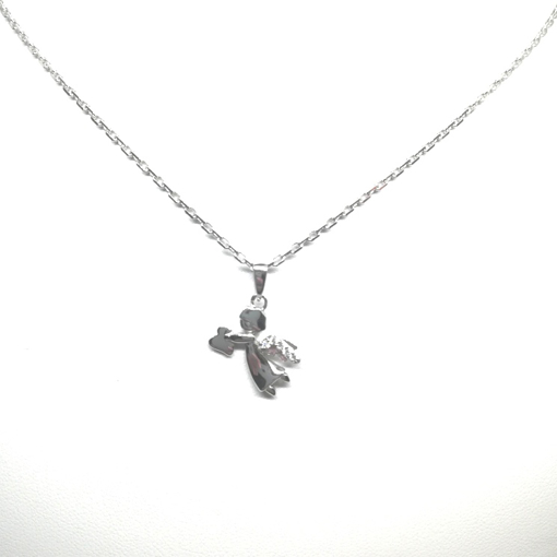 Immagine di Collana donna, angioletto con cuoricino, argento bianco, zirconi, filo in argento bianco