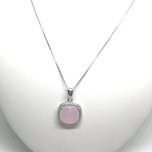 Immagine di Collana donna, elegante, agata rosa, argento bianco, zirconi bianchi, filo in argento bianco