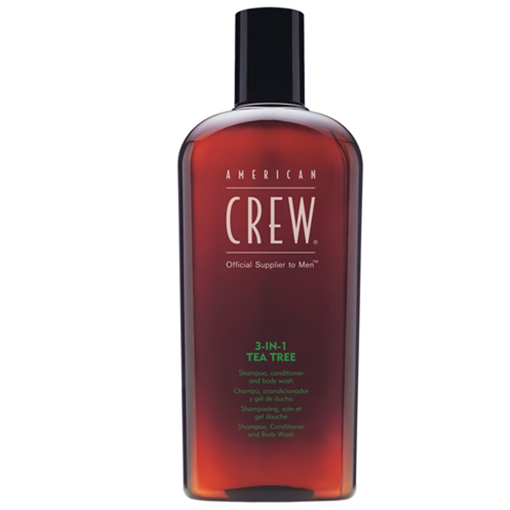 Immagine di American Crew 3 in 1 Tea Tree, Shampoo, Balsamo e Bagnodoccia per Uomo, Ideale per Palestra, Piscina, Mare e Viaggio, Ammorbidisce la Pelle (450ml)