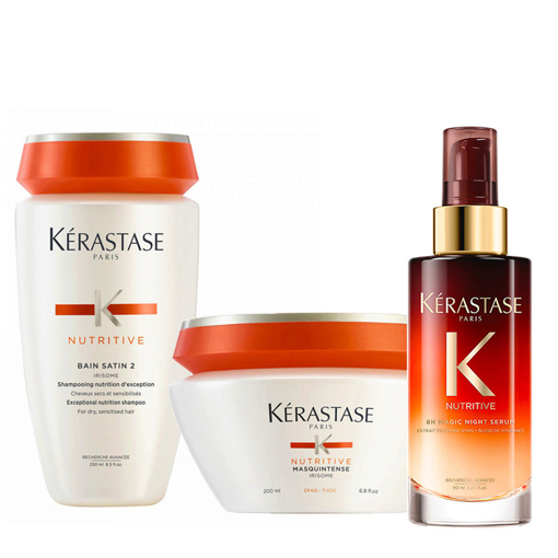 Immagine di Kerastase kit nutritive bain satin 2 shampoo 250ml + maschera capelli grossi 200ml + siero 90ml - colore: