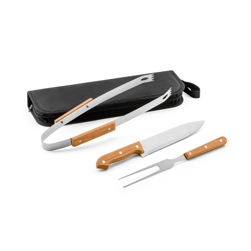 Immagine di Set 3 pezzi utensili barbecue in legno e acciaio inox, pinza, coltello, forchettone, astuccio nero