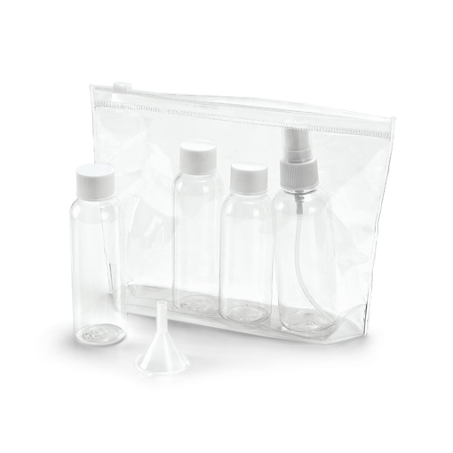Immagine di Beauty case ermetico con 3 flaconcini, 1 vaporizzatore, 1 imbuto, in PVC per cosmetici trasparente