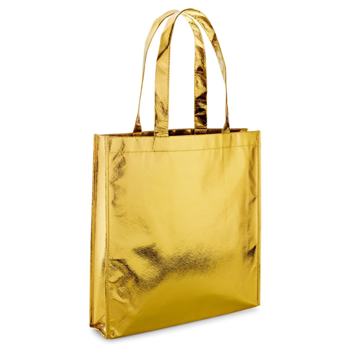 Immagine di Borsa, sacchetto in tnt laminato dorato, manici 50cm, 34x35 cm
